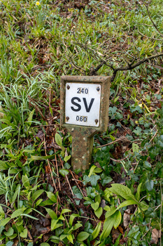 Road marker sign reading '240 SV 060' mounted on post in overgrown grass and vegetation