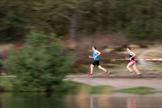 Two runners jogging along a path beside a body of water with blurred motion effect and soft focus foreground vegetation.