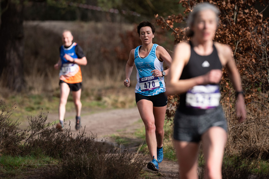 Three trail runners jogging on a woodland path with autumn foliage in the background.