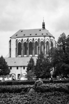 Gothic chapel with pointed arch windows and spire surrounded by evergreen trees in black and white.