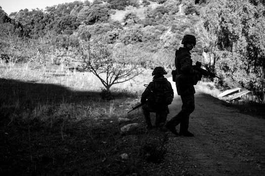 Two silhouetted figures stand on a dirt path near a bare tree, with dense forested hills in the background.