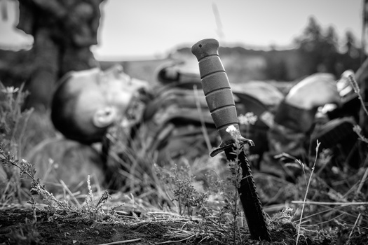 Abandoned military ordnance in overgrown field with rusted machinery in soft focus background.