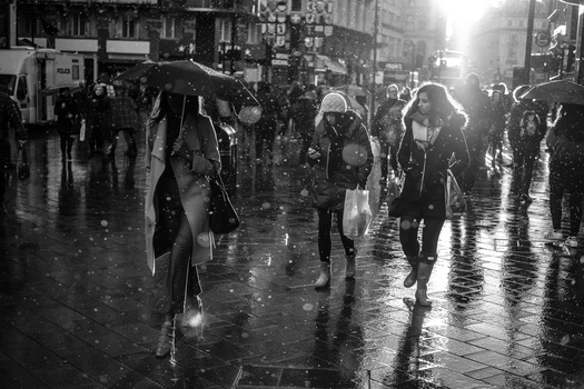 Wet city street crowded with pedestrians holding umbrellas in heavy rain.