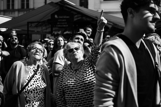 Elderly woman with raised fist among a crowd of people at an outdoor gathering.