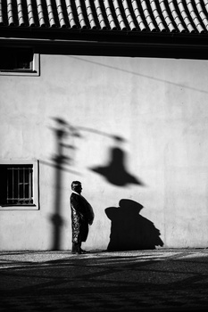 Person standing against a white wall with a blurred shadow cast by another figure moving across the surface.