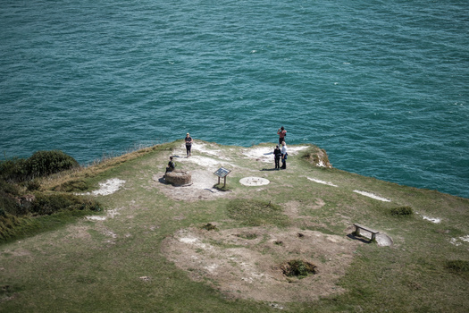 Aerial view of people standing on a grassy coastal headland overlooking turquoise water.