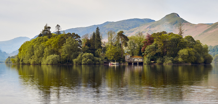 Densely forested island peninsula with reflective calm water and mountains in soft morning light.