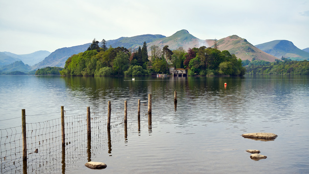 Wooden fence posts in still lake water with forested island and mountains in background.