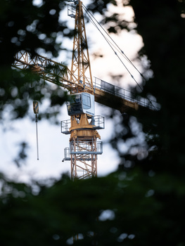 Construction crane photographed through green foliage with selective focus and shallow depth of field.