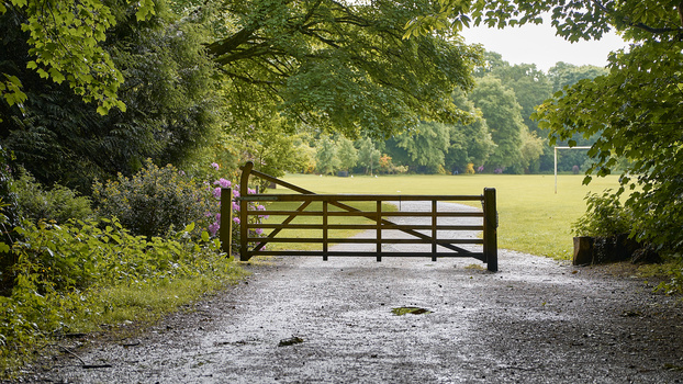 Wooden farm gate across a gravel path framed by dense green foliage, with a sunlit pasture visible beyond.