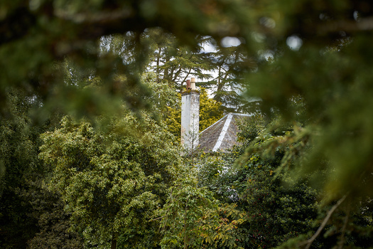 Stone structure with pitched roof barely visible through dense green foliage in foreground.