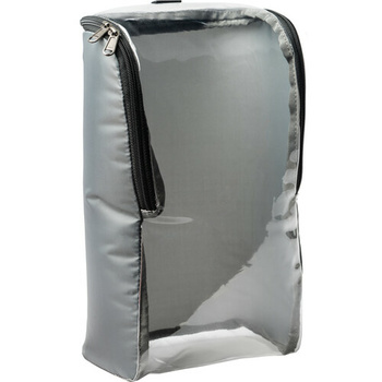 Gray padded camera bag with black trim and side zipper pocket, shown open to display interior capacity.