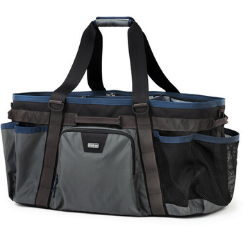 Large gray and blue camera gear bag with black straps and multiple compartments.