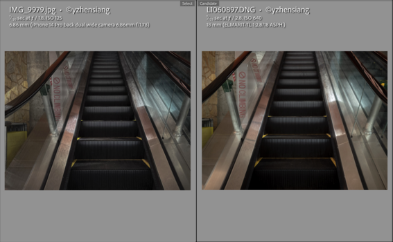 Side-by-side comparison of escalator photos showing different camera and processing treatments.