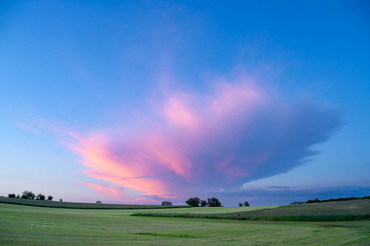 Pink and purple clouds illuminated by sunset light above a flat green agricultural landscape at dusk.