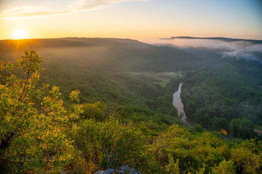 River winds through dense forested valley at sunrise with golden light and mist-covered mountains.