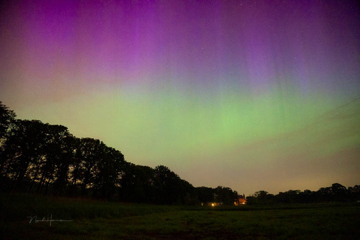 Aurora borealis in purple and green hues over a dark landscape with silhouetted trees and distant lights.