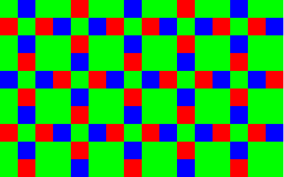Graphic of a grid filled with randomly distributed bright green, blue, and red squares.
