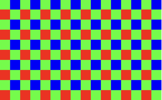 Graphic illustration of a repeating checkerboard pattern in bright lime green, blue, and red squares.