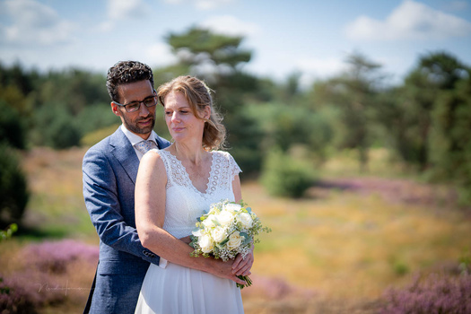 Bride and groom posing together in a blooming heather field during golden hour.