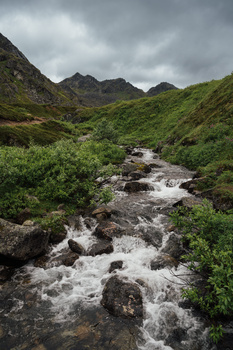 Whitewater stream flowing through a steep alpine valley with rocky terrain and lush green vegetation.