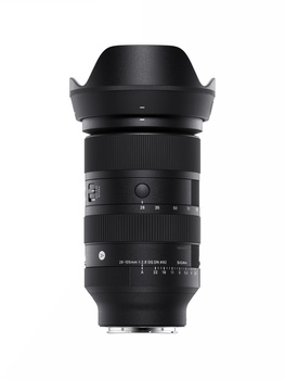 Black telephoto zoom lens with lens hood and focus ring against white background.
