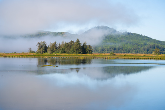 Misty mountain landscape with forested shoreline reflected in still water.