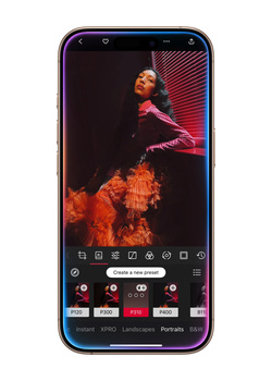 Screenshot of a mobile video editing interface with a portrait of a person against an orange and red gradient background.