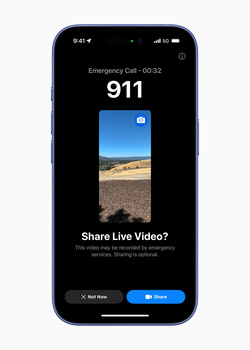 Screenshot of an iPhone emergency call interface showing a live video feed option during a 911 call.