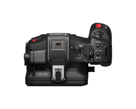 Top-down view of a Canon EOS C40 cinema camera with articulating monitor and control panel visible.