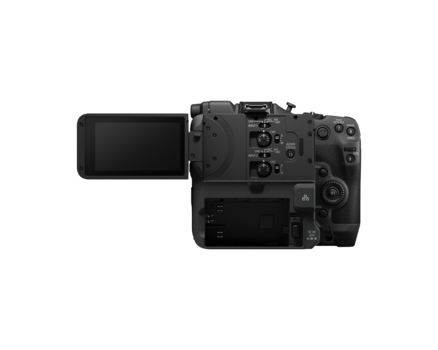 Professional video camera with articulating LCD screen extended to the side, shown from above against white background.