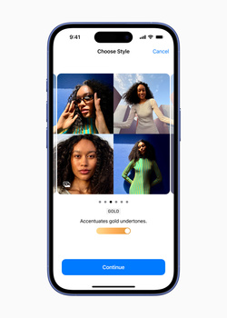 Screenshot of a mobile app interface showing a style selection screen with four portrait photos of women and a continue button.