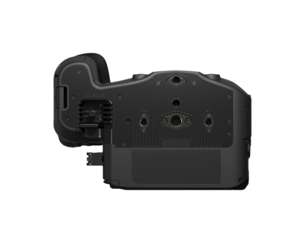 Rear view of a professional video camera showing its back panel and side-mounted accessory attachment.