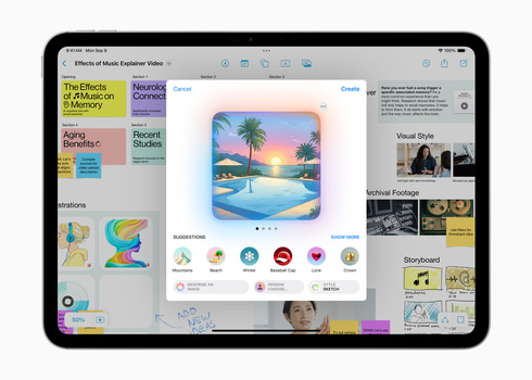 Screenshot of iPad design application interface showing tropical sunset landscape artwork and creative tools panel.