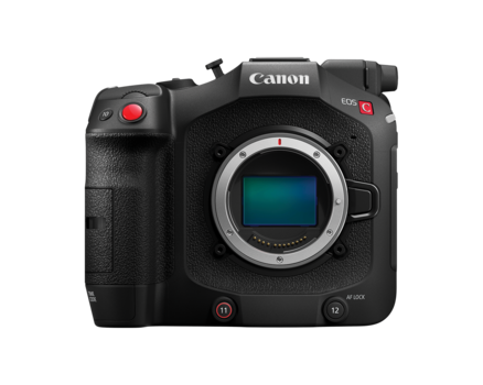 Canon EOS R5C mirrorless camera body with sensor exposed and articulating screen visible.