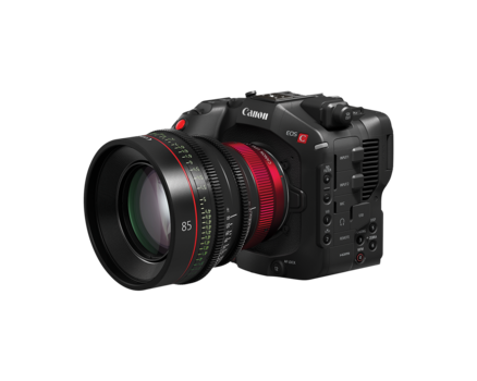 Canon EOS R5C cinema camera with red accents and attached cinema lens on white background.