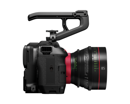 Cinema camera with cinema lens attached, showing professional video recording setup with shoulder support.
