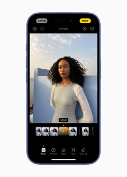 Screenshot of portrait editing interface showing woman against coastal background with editing tools visible.