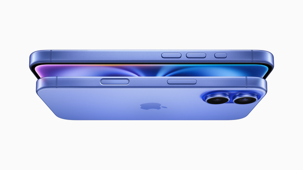 Blue smartphone shown from the side with dual camera lenses and folded display visible.