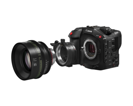Canon cinema camera with attached lens and adapter shown in product configuration.