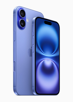 Blue smartphone displayed at an angle showing dual rear camera lenses and illuminated display with spherical light effects.