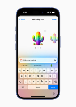 Screenshot of an iOS email interface showing a new message composition screen with a colorful cactus emoji sticker visible above the on-screen keyboard.