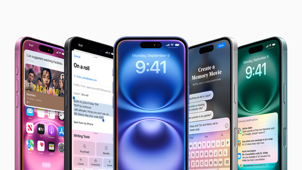 Five smartphones displaying various user interfaces and app layouts with different color schemes and screen designs.