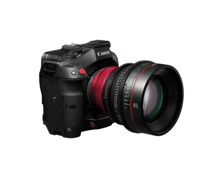 Canon cinema camera with red and black cinema lens attached, shown against white background.