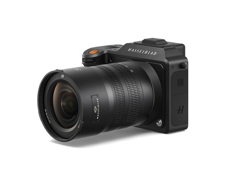 Hasselblad medium format camera with wide-angle lens attached, shot against white background.