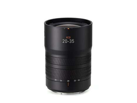 Hasselblad XCD 20-35mm zoom lens with focus and aperture rings against white background.
