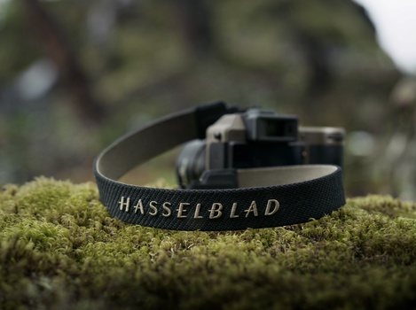 Hasselblad camera strap with engraved branding resting on moss-covered ground with blurred foliage background.