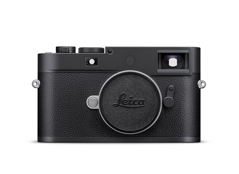Leica M rangefinder camera body with textured black leather and chrome accents, shown from front view.