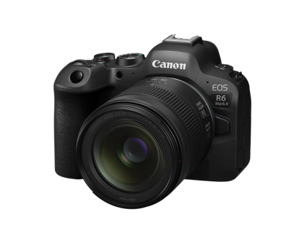 Canon EOS R6 Mark II mirrorless camera with attached RF mount lens against white background.