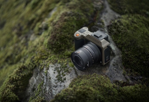 Rangefinder film camera with attached lens resting on moss-covered concrete surface.